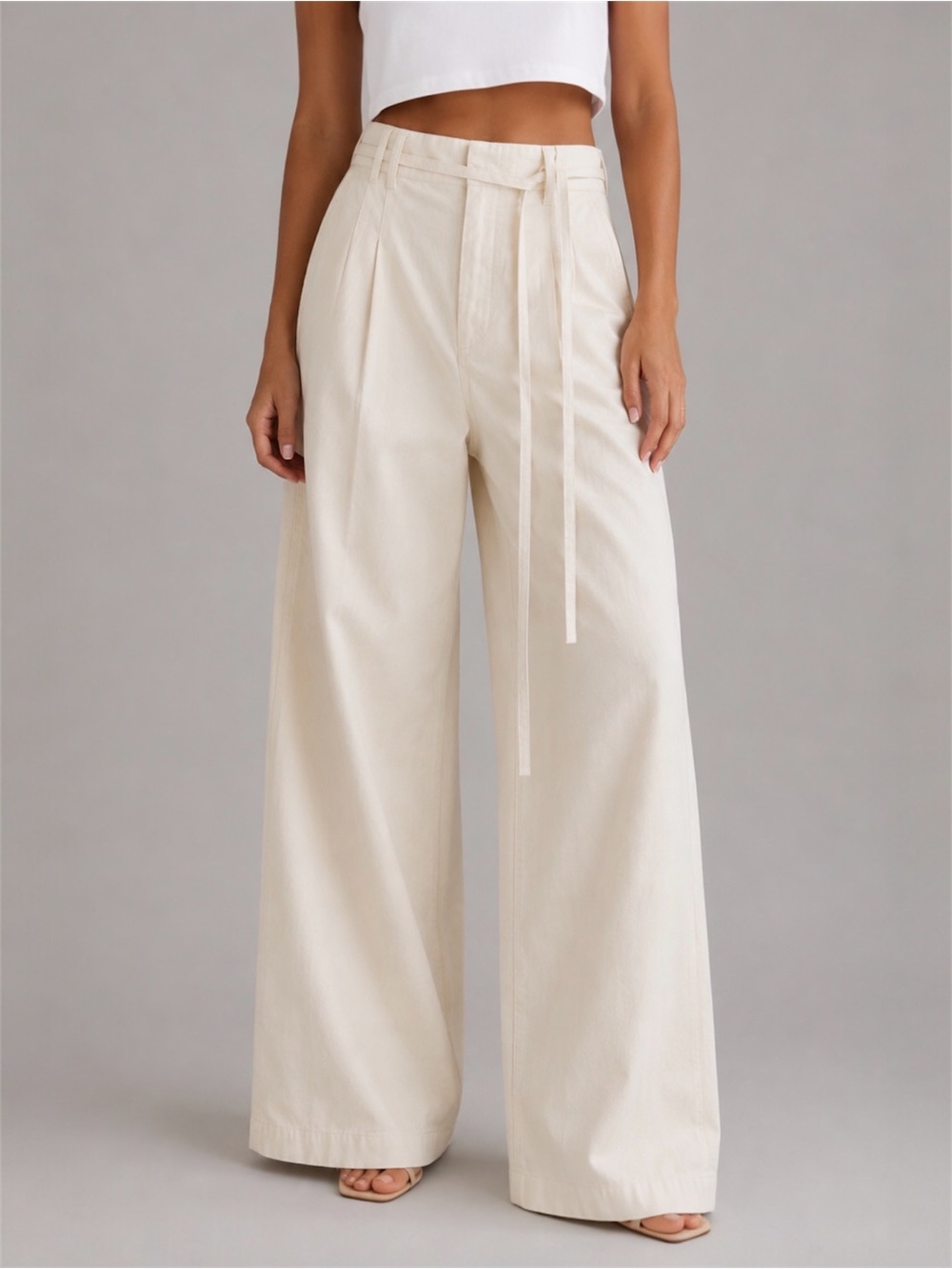 A New Day Wide Leg High-Rise Cream Pants w/ Belt Pleats Size 6